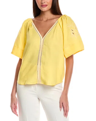 T Tahari V-neck Linen-blend Blouse In Yellow
