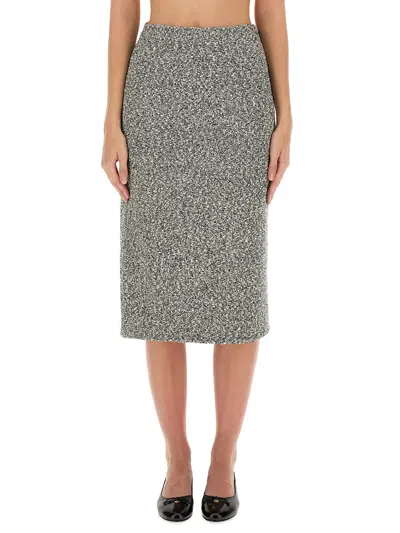 Tory Burch Mid-calf Tweed Skirt With Textured Fabric And Smooth Waistband In Black