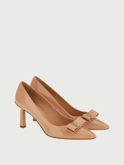 Ferragamo Katrin Patent Bow Pumps In Almond