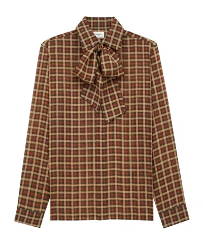 Saint Laurent Wool Shirt Jacket Bow Detail Checks In Multi