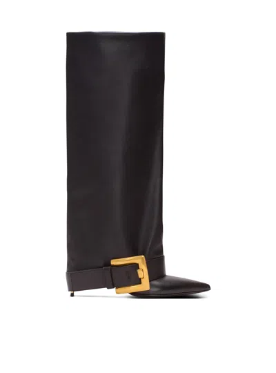 Balmain Anthem Black Slip-on Boots With Decorative Metal Buckle In Leather Woman In Black