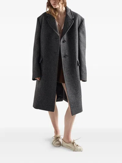 Prada Herringbone Notched-lapel Coat In Black
