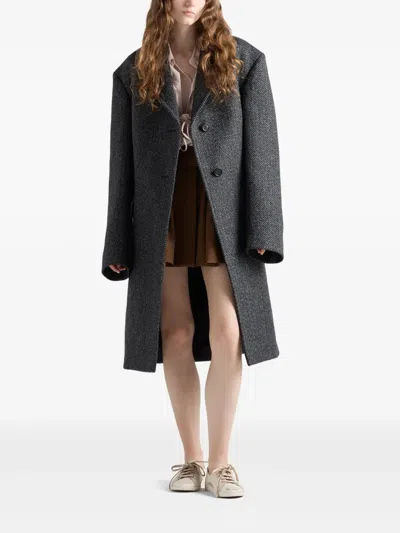 Prada Herringbone Notched-lapel Coat In Black