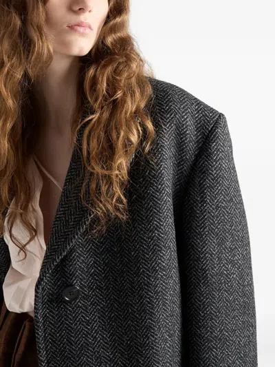 Prada Herringbone Notched-lapel Coat In Black