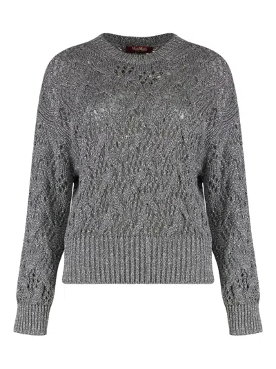 Max Mara Cropped Grey Open-knit Sweater With Metallic Finish In Gray