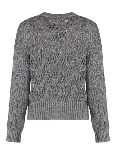 Max Mara Cropped Grey Open-knit Sweater With Metallic Finish In Gray