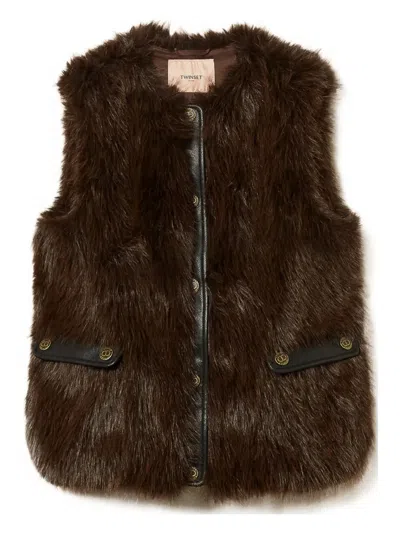 Twinset Twin-set Faux Fur Vest With Leather Back In Brown