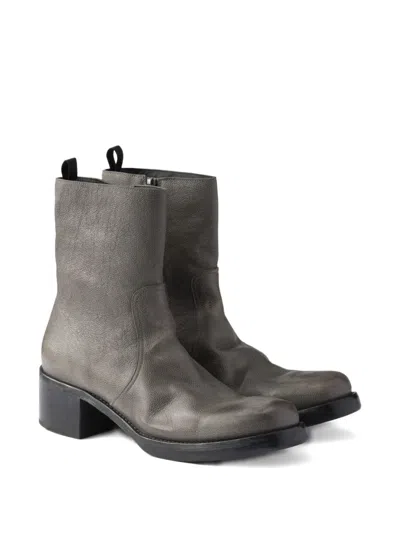 Prada Leather Biker Boots In Gray