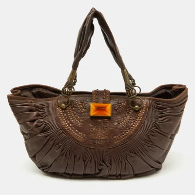 Pre-owned Dior Brown Pleated Leather Plisse Hobo