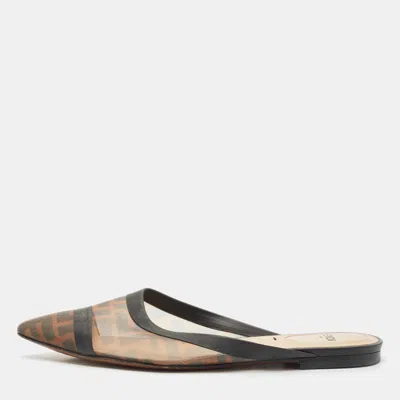 Pre-owned Fendi Tobacco Ff Logo Print Mesh Colibri Pointed Toe Flat Mules Size 36 In Brown