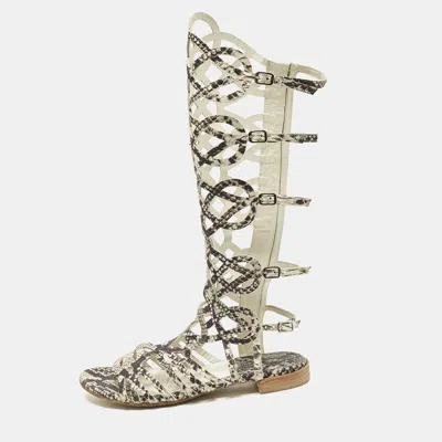Pre-owned Stuart Weitzman Beige?cream Snakeskin Embossed Leather Gladiator Flat Sandals Size 36