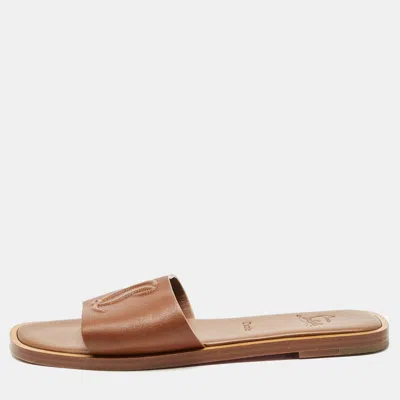 Pre-owned Christian Louboutin Brown Leather Cl Flat Slides Size 40