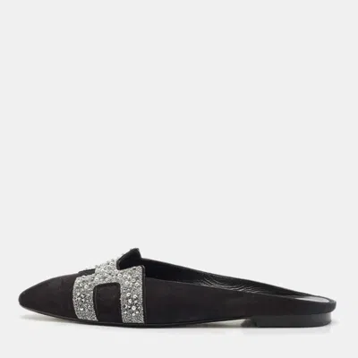 Pre-owned Hermes Black/silver Suede And Crystal Roxane Mules Size 38