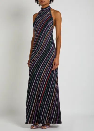 Missoni Long Dress With Halter Neck And Herringbone Stripe Knit In Black