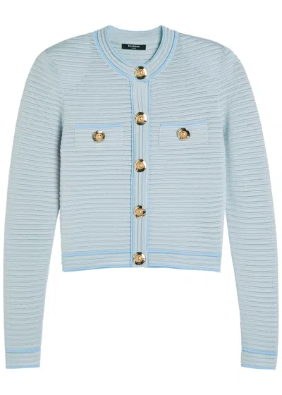 Balmain Long Sleeved Textured Knit Cardigan In Blue