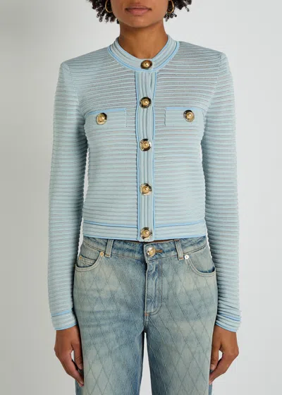 Balmain Long Sleeved Textured Knit Cardigan In Blue