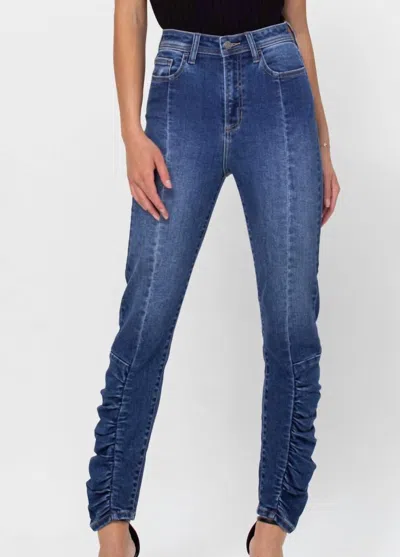 Cello High Rise Ruched Skinny Jeans In Dark Denim In Blue