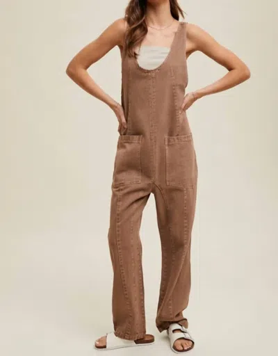 Wishlist Cotton Open Back Denim Overalls In Mocha In Brown