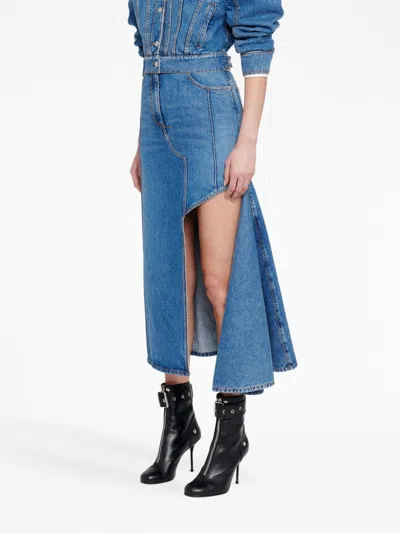 Alexander Mcqueen Denim Midi Skirt In Blue
