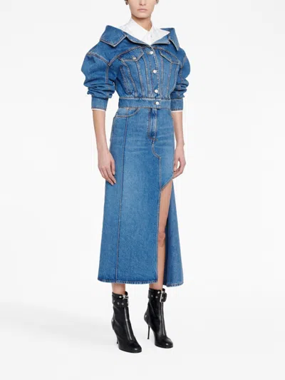 Alexander Mcqueen Denim Midi Skirt In Blue