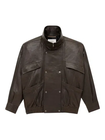 Saint Laurent Brown Bomber Jacket With Mandarin Collar And Elastic Waist In Leather Woman In Black