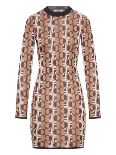 Fendi Optical Crew Neck Geometric Pattern Dress In Brown