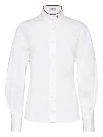 Brunello Cucinelli Stretch Cotton Poplin Shirt With Shiny Collar Detail In White