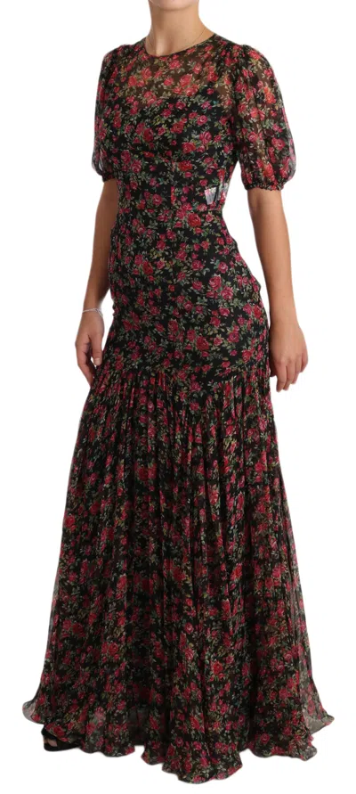 Dolce & Gabbana Black Floral Roses A-line Shift Gown Dress In Brown