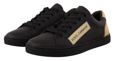 Dolce & Gabbana Black Gold Leather Low Top Sneakers Womens Shoes In Black