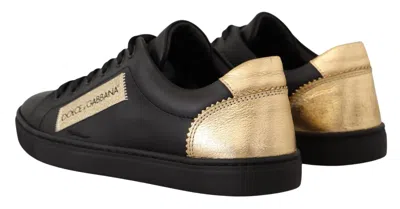 Dolce & Gabbana Black Gold Leather Low Top Sneakers Womens Shoes In Black