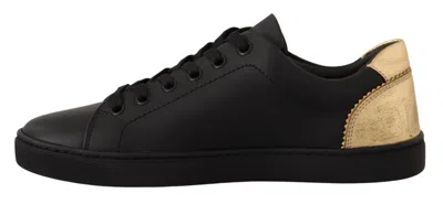 Dolce & Gabbana Black Gold Leather Low Top Sneakers Womens Shoes In Black