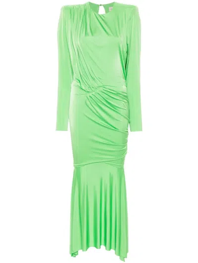 Alexandre Vauthier Long Pleated Maxi Dress With Asymmetric Hem In Green