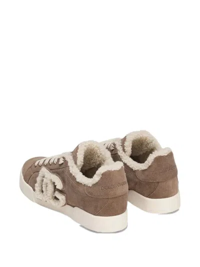 Dolce & Gabbana Suede Sneakers With Shearling Lining Shoes In Brown