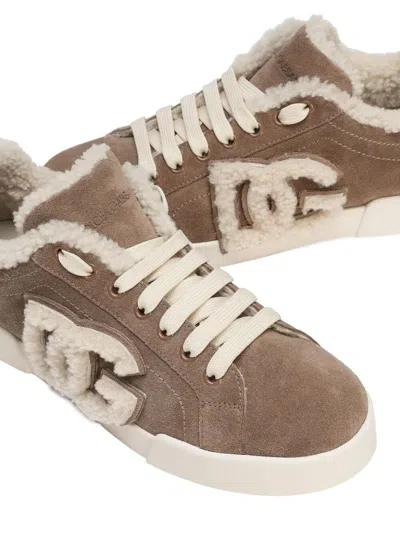 Dolce & Gabbana Suede Sneakers With Shearling Lining Shoes In Brown