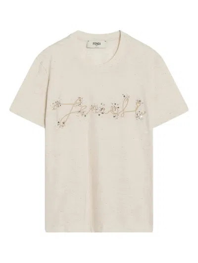 Fendi Beige Cotton And Linen T-shirt With Logo In Neutral