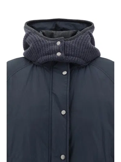 Brunello Cucinelli Puffer Jackets With Hood And Pockets In Blue