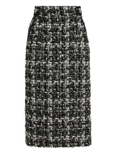 Dolce & Gabbana Wool Blend Midi Skirt With Tweed Pattern In Black
