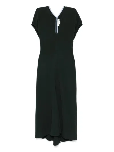 Victoria Beckham Green Midi Dress With Ruched Sleeves And V Neck In Green