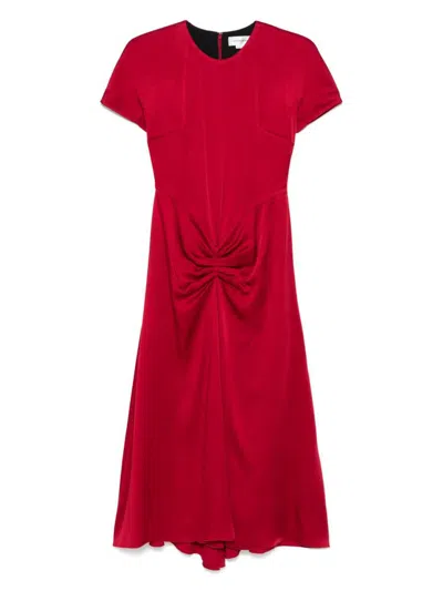 Victoria Beckham Red Crewneck Midi Dress With Gathered Waist And Rear Zip Closure In Red
