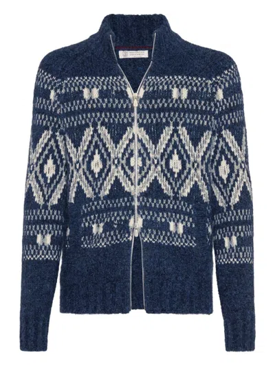 Brunello Cucinelli Geometric Jacquard Cardigan In Wool And Cashmere In Blue