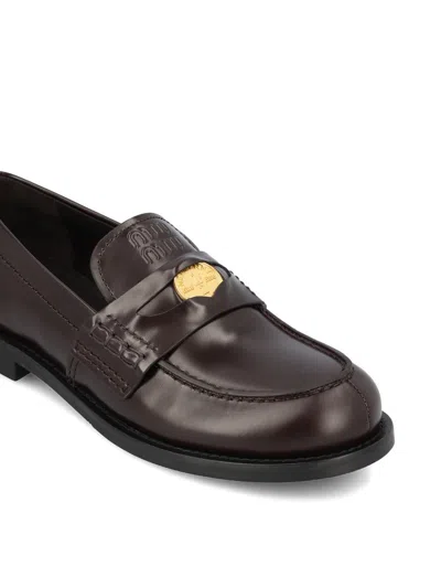 Miu Miu Brown Leather Loafers In Brown