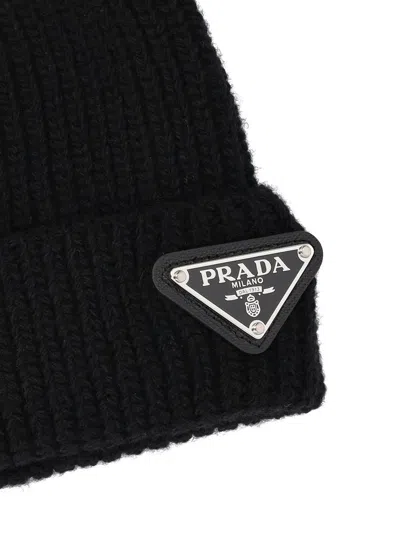 Prada Beanie Hat With Logo In Black