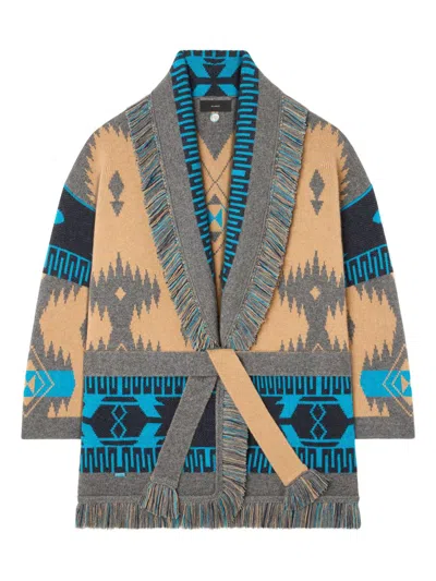 Alanui Geometric Jacquard Belted Fringe Cardigan In Blue