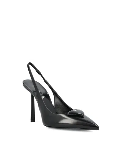 Prada Womens Black Brushed Leather Slingback Pumps In Black
