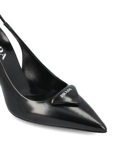 Prada Womens Black Brushed Leather Slingback Pumps In Black