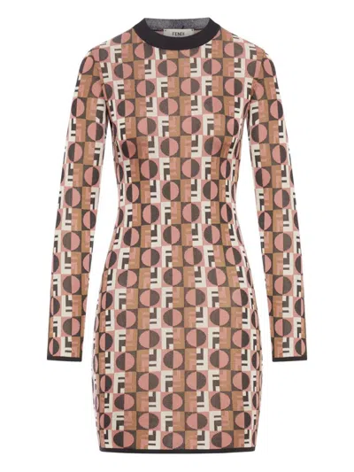 Fendi Shiny Jacquard Viscose Mini Dress With Geometric Pattern In Brown