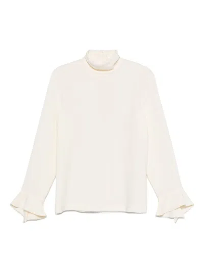 Alberto Biani Bell Sleeves High Neck Ruffled Cuffs In White