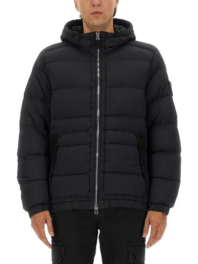 Stone Island Quilted Hooded Jacket Elasticated Cuffs In Blue