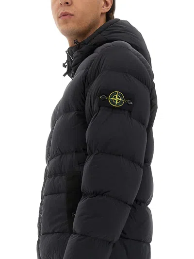 Stone Island Quilted Hooded Jacket Elasticated Cuffs In Blue