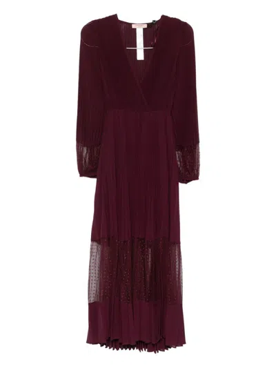 Twinset V-neck Long Sleeve Dress With Sheer Panels In Burgundy